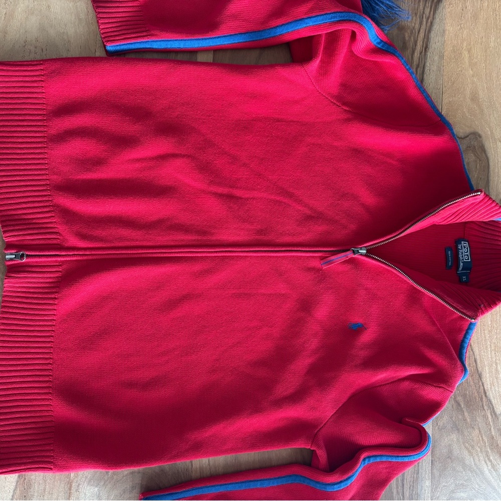 Ralph Lauren Vibrant Red Sweater with Blue Trim